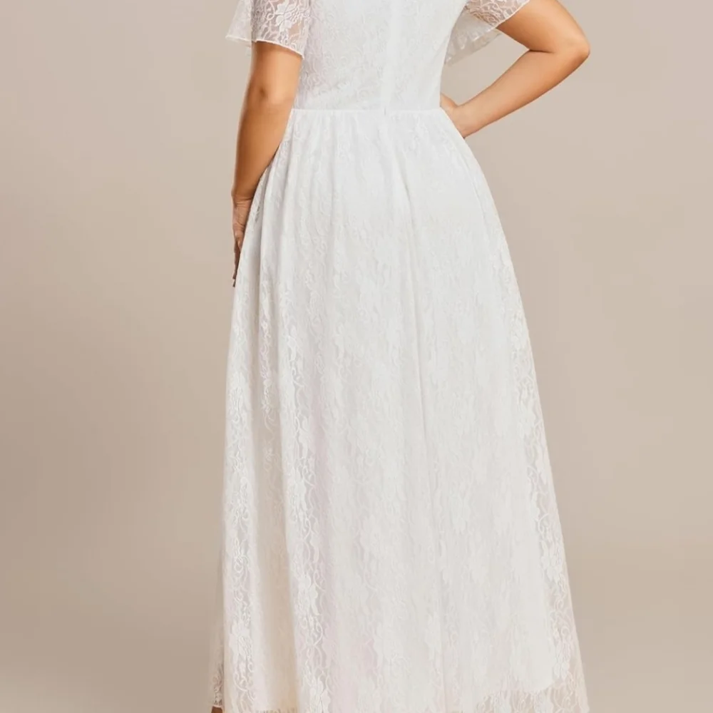 Ever-Pretty V-Neck Ruffles Sleeves High Low Lace Size 16 Wedding Dress - Picture 4 of 6